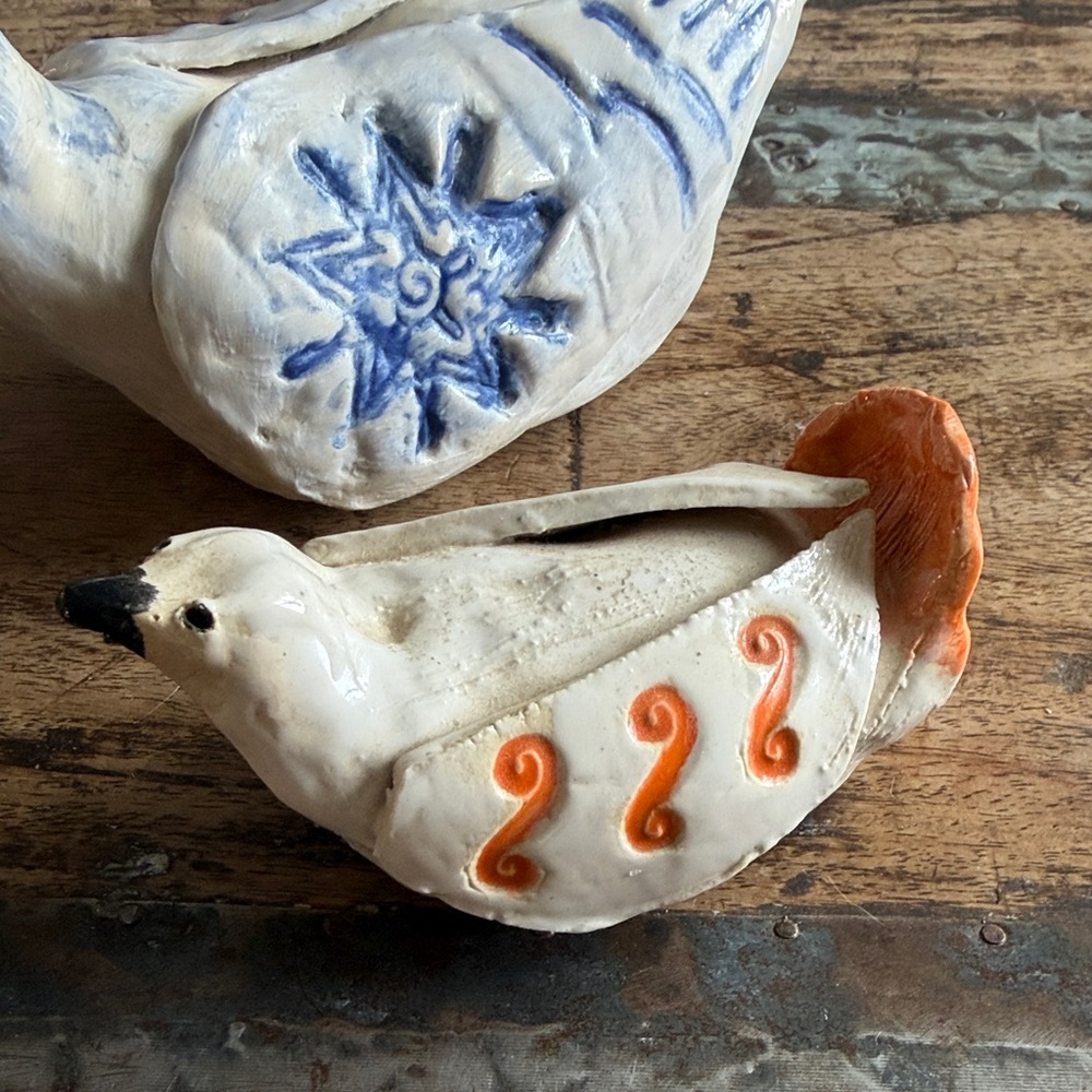 Vintage Handmade Ceramic Bird Figurines - Blue and Orange - Picture 2 of 9
